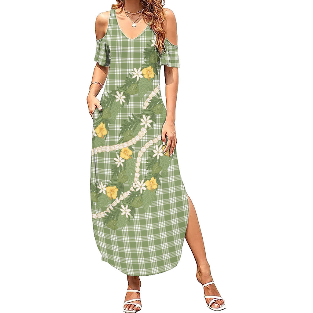 Aloha Puakenikeni Anthurium Pikake Lei Family Matching Summer Maxi Dress and Hawaiian Shirt Green Hawaiian Palaka Pattern