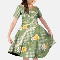 Aloha Puakenikeni Anthurium Pikake Lei Family Matching Tank Maxi Dress and Hawaiian Shirt Green Hawaiian Palaka Pattern