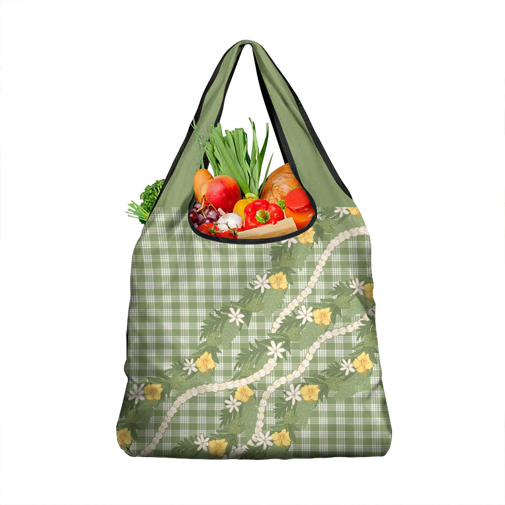 Aloha Puakenikeni Anthurium Pikake Lei Grocery Bag Green Hawaiian Palaka Pattern LT9 1-pack One Size Green - Polynesian Pride