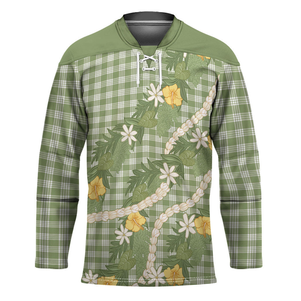 Aloha Puakenikeni Anthurium Pikake Lei Hockey Jersey Green Hawaiian Palaka Pattern LT9 Unisex Green - Polynesian Pride
