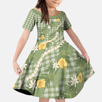 Aloha Puakenikeni Anthurium Pikake Lei Kid Short Sleeve Dress Green Hawaiian Palaka Pattern LT9 KID Green - Polynesian Pride