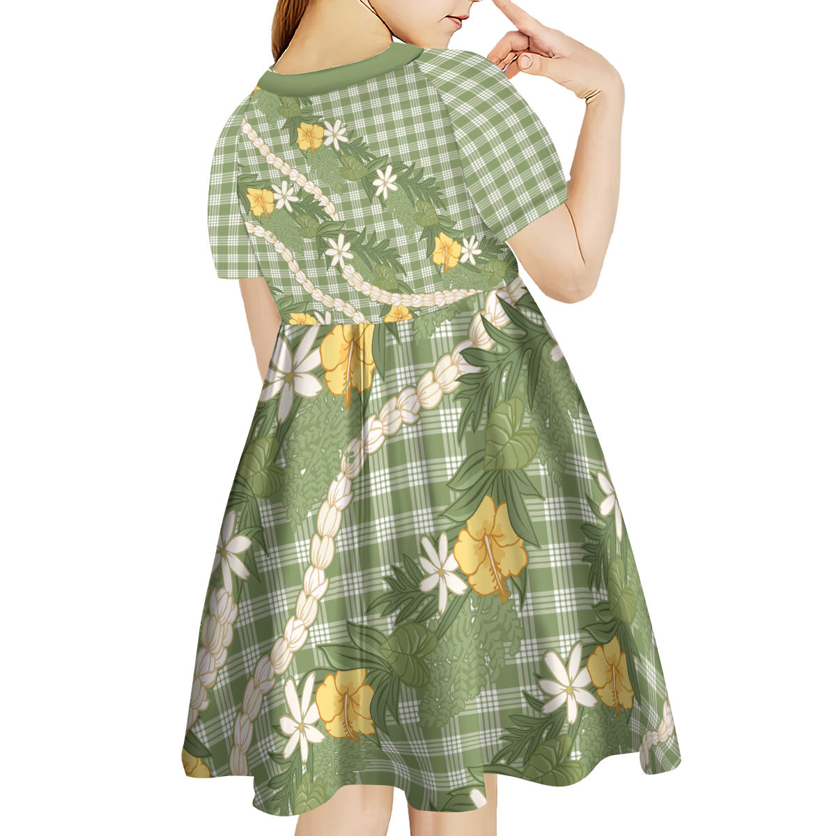 Aloha Puakenikeni Anthurium Pikake Lei Kid Short Sleeve Dress Green Hawaiian Palaka Pattern LT9 - Polynesian Pride