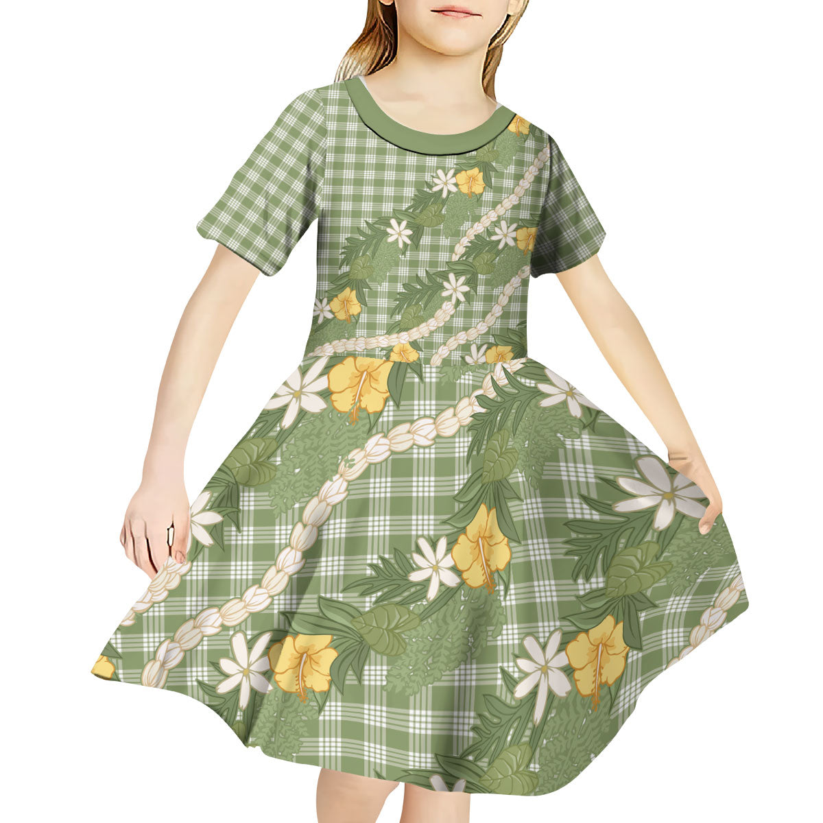 Aloha Puakenikeni Anthurium Pikake Lei Kid Short Sleeve Dress Green Hawaiian Palaka Pattern LT9 - Polynesian Pride