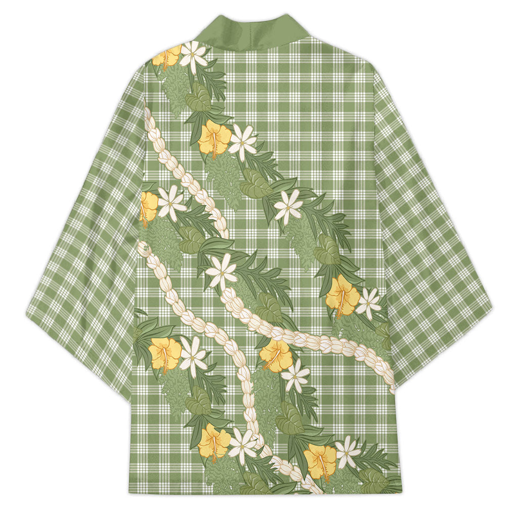 Aloha Puakenikeni Anthurium Pikake Lei Kimono Green Hawaiian Palaka Pattern