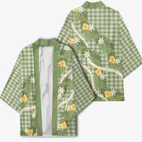 Aloha Puakenikeni Anthurium Pikake Lei Kimono Green Hawaiian Palaka Pattern