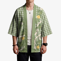 Aloha Puakenikeni Anthurium Pikake Lei Kimono Green Hawaiian Palaka Pattern