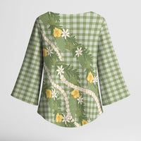 Aloha Puakenikeni Anthurium Pikake Lei Kimono Sleeve Blouse Green Hawaiian Palaka Pattern