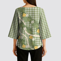 Aloha Puakenikeni Anthurium Pikake Lei Kimono Sleeve Blouse Green Hawaiian Palaka Pattern