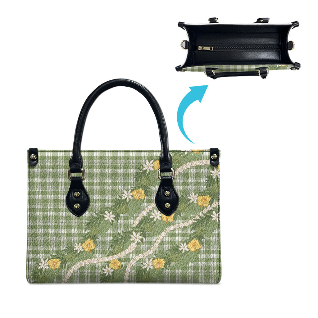 Aloha Puakenikeni Anthurium Pikake Lei Leather Bag Green Hawaiian Palaka Pattern
