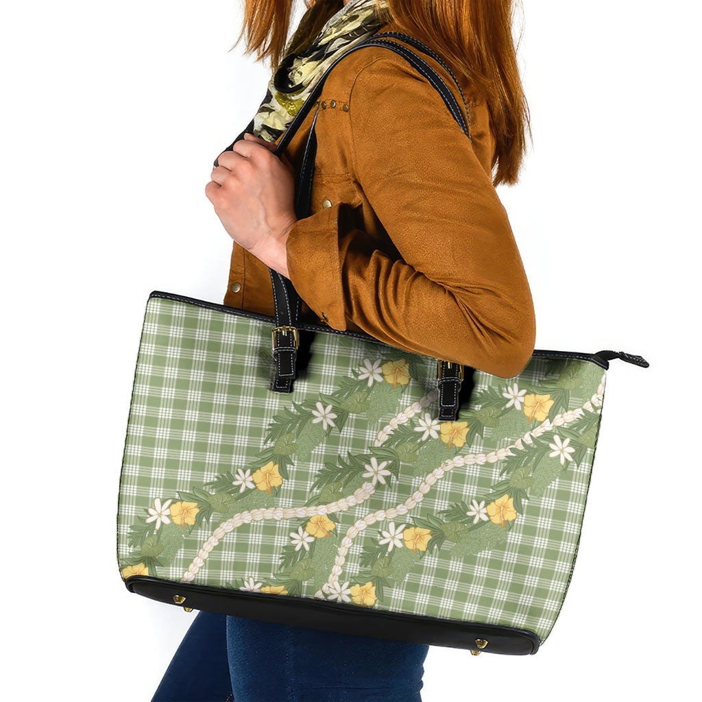 Aloha Puakenikeni Anthurium Pikake Lei Leather Tote Bag Green Hawaiian Palaka Pattern LT9 Green - Polynesian Pride