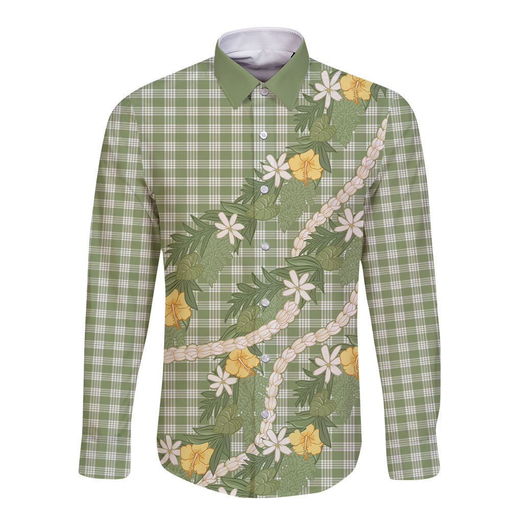 Aloha Puakenikeni Anthurium Pikake Lei Long Sleeve Button Shirt Green Hawaiian Palaka Pattern LT9 Unisex Green - Polynesian Pride