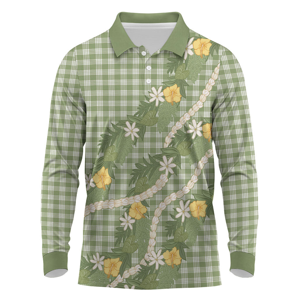Aloha Puakenikeni Anthurium Pikake Lei Long Sleeve Polo Shirt Green Hawaiian Palaka Pattern LT9 Green - Polynesian Pride