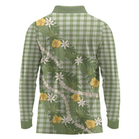Aloha Puakenikeni Anthurium Pikake Lei Long Sleeve Polo Shirt Green Hawaiian Palaka Pattern LT9 - Polynesian Pride