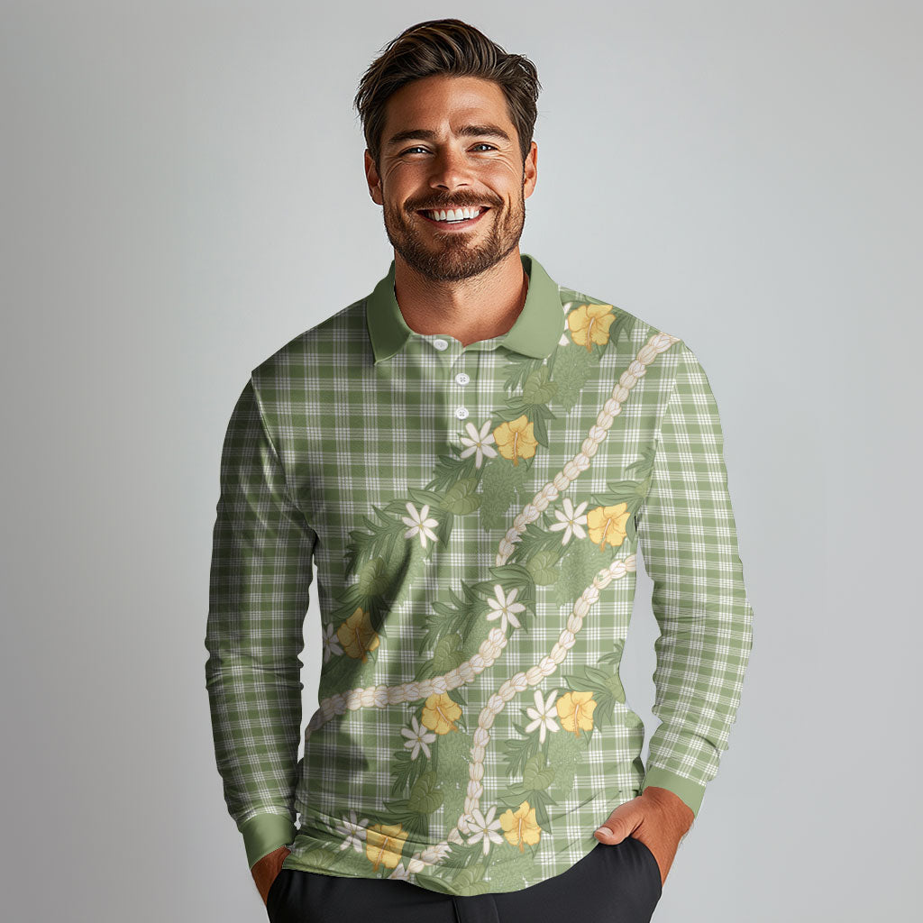 Aloha Puakenikeni Anthurium Pikake Lei Long Sleeve Polo Shirt Green Hawaiian Palaka Pattern LT9 - Polynesian Pride