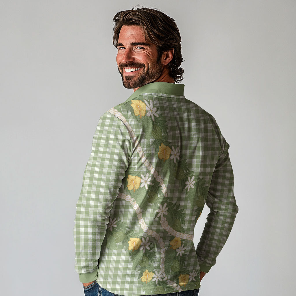 Aloha Puakenikeni Anthurium Pikake Lei Long Sleeve Polo Shirt Green Hawaiian Palaka Pattern LT9 - Polynesian Pride