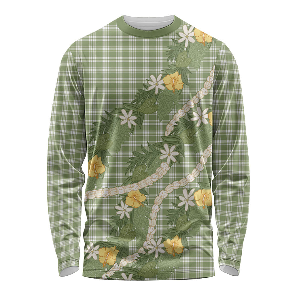 Aloha Puakenikeni Anthurium Pikake Lei Long Sleeve Shirt Green Hawaiian Palaka Pattern