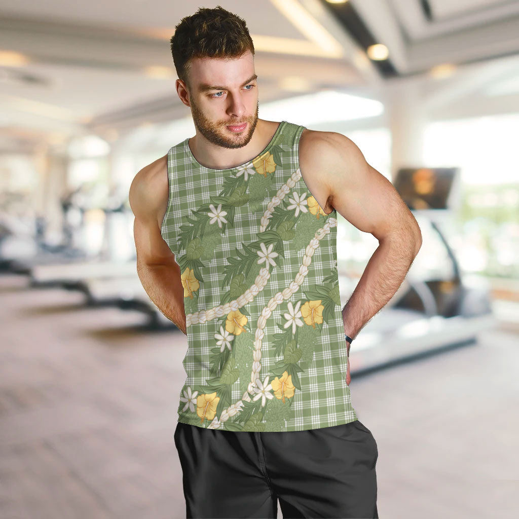 Aloha Puakenikeni Anthurium Pikake Lei Men Tank Top Green Hawaiian Palaka Pattern LT9 Green - Polynesian Pride