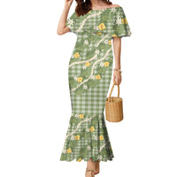 Aloha Puakenikeni Anthurium Pikake Lei Mermaid Dress Green Hawaiian Palaka Pattern LT9 Women Green - Polynesian Pride