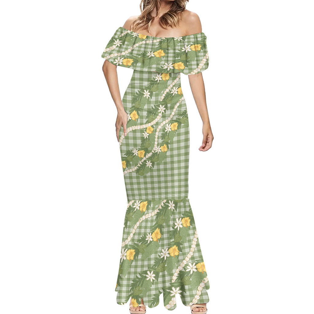 Aloha Puakenikeni Anthurium Pikake Lei Mermaid Dress Green Hawaiian Palaka Pattern LT9 - Polynesian Pride