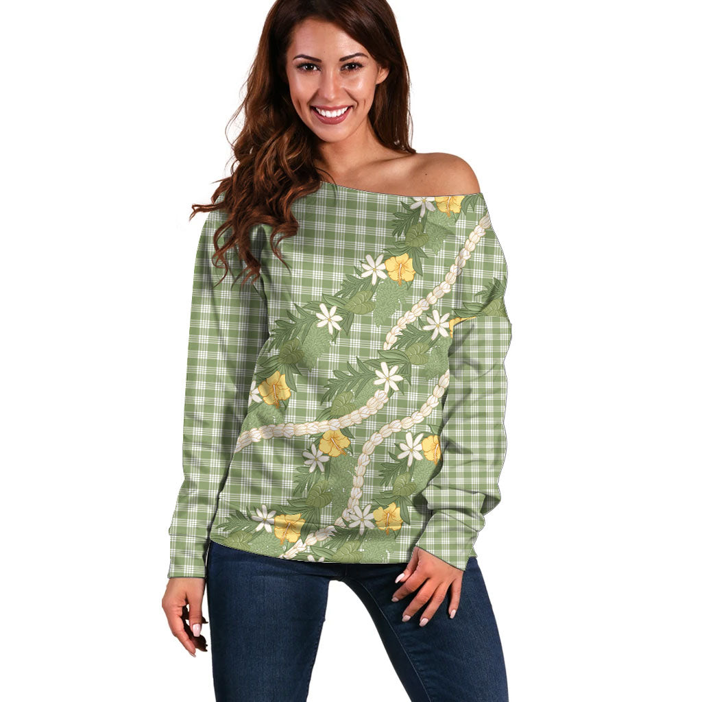 Aloha Puakenikeni Anthurium Pikake Lei Off Shoulder Sweater Green Hawaiian Palaka Pattern LT9 Women Green - Polynesian Pride