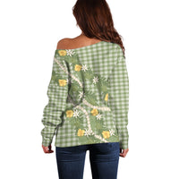 Aloha Puakenikeni Anthurium Pikake Lei Off Shoulder Sweater Green Hawaiian Palaka Pattern LT9 - Polynesian Pride