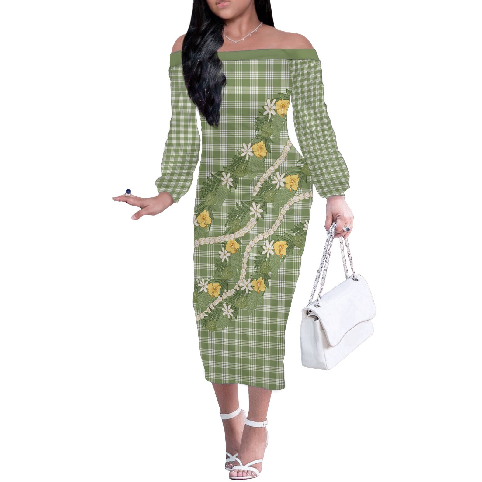 Aloha Puakenikeni Anthurium Pikake Lei Off The Shoulder Long Sleeve Dress Green Hawaiian Palaka Pattern LT9 Women Green - Polynesian Pride
