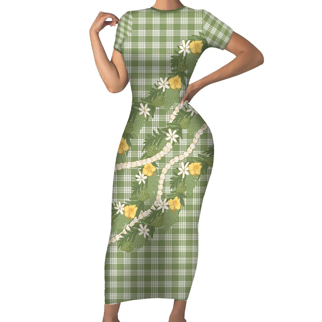 Aloha Puakenikeni Anthurium Pikake Lei Short Sleeve Bodycon Dress Green Hawaiian Palaka Pattern LT9 Long Dress Green - Polynesian Pride