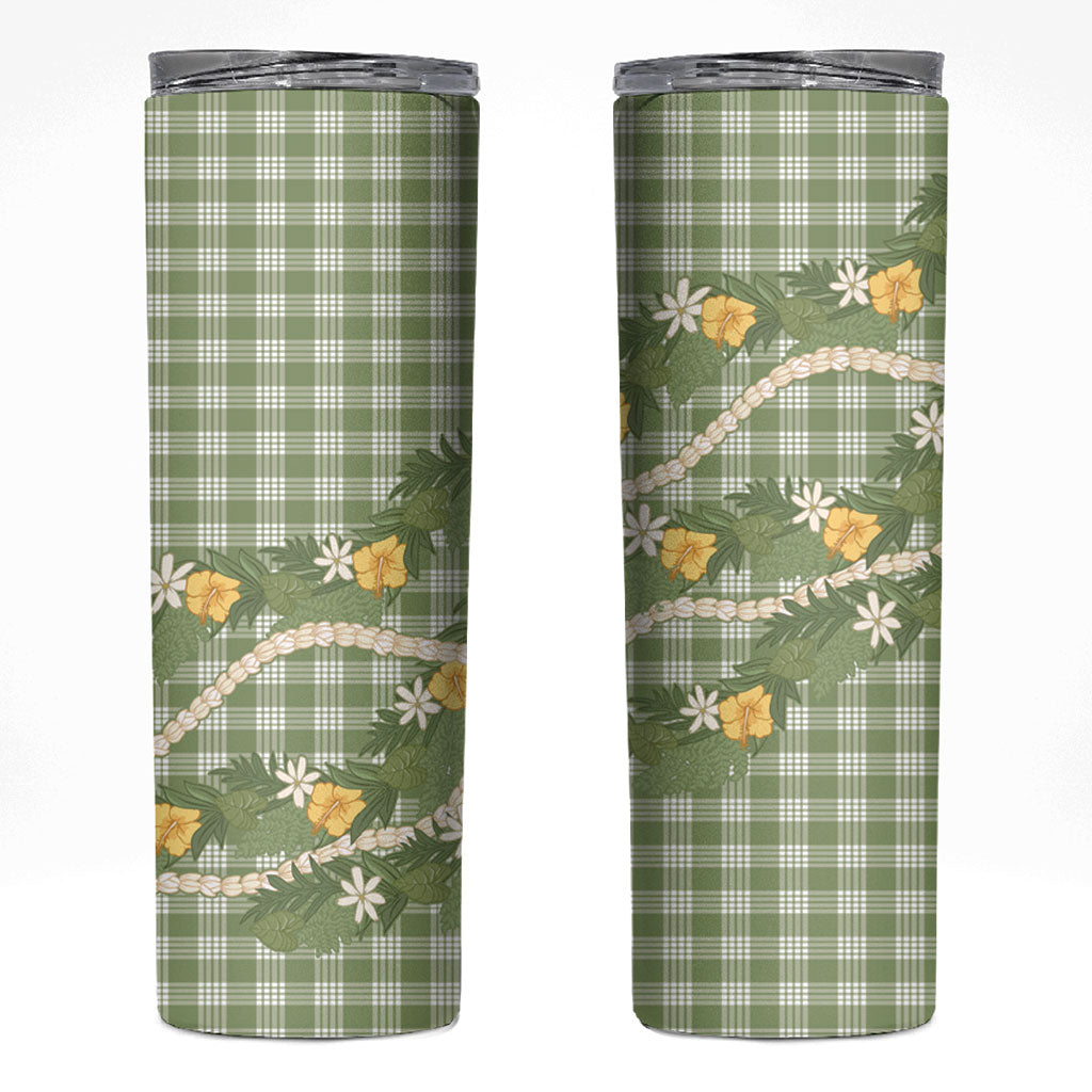 Aloha Puakenikeni Anthurium Pikake Lei Skinny Tumbler Green Hawaiian Palaka Pattern