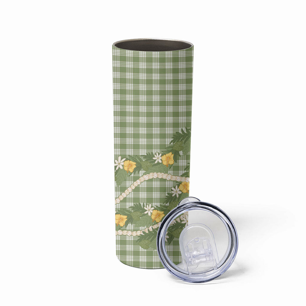 Aloha Puakenikeni Anthurium Pikake Lei Skinny Tumbler Green Hawaiian Palaka Pattern