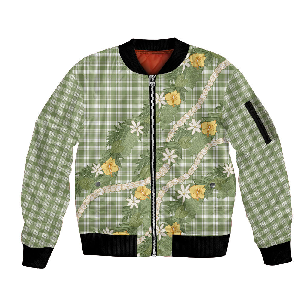 Aloha Puakenikeni Anthurium Pikake Lei Sleeve Zip Bomber Jacket Green Hawaiian Palaka Pattern LT9 Unisex Green - Polynesian Pride