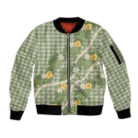 Aloha Puakenikeni Anthurium Pikake Lei Sleeve Zip Bomber Jacket Green Hawaiian Palaka Pattern LT9 Unisex Green - Polynesian Pride
