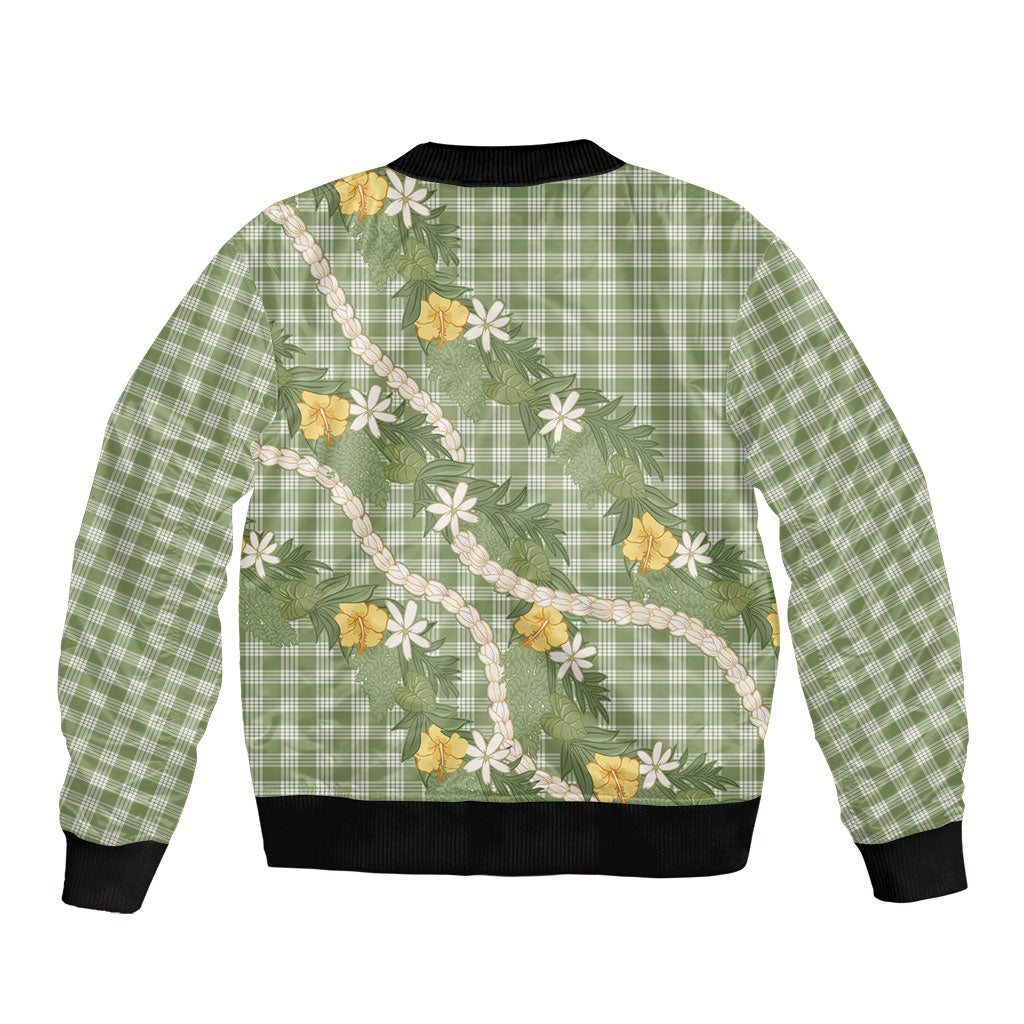 Aloha Puakenikeni Anthurium Pikake Lei Sleeve Zip Bomber Jacket Green Hawaiian Palaka Pattern LT9 - Polynesian Pride