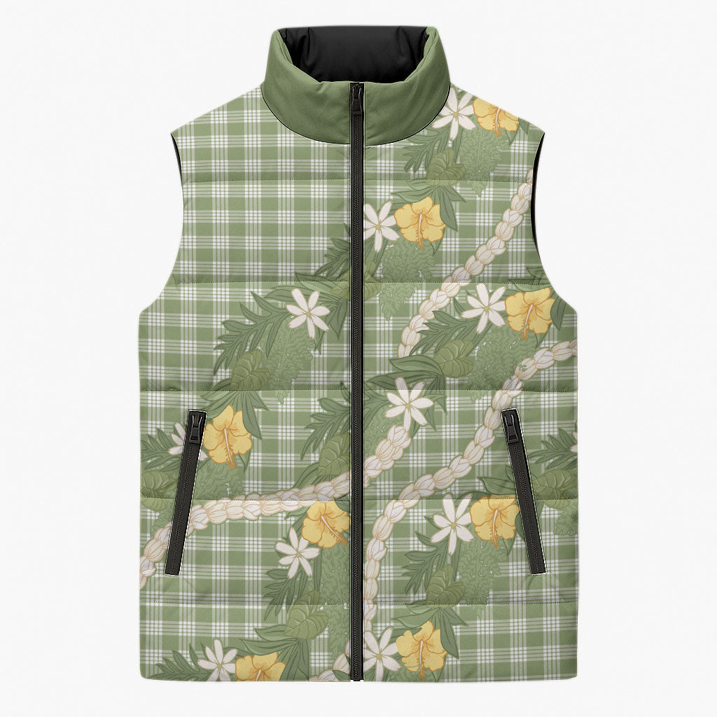 Aloha Puakenikeni Anthurium Pikake Lei Sleeveless Puffer Jacket Green Hawaiian Palaka Pattern LT9 Unisex Green - Polynesian Pride