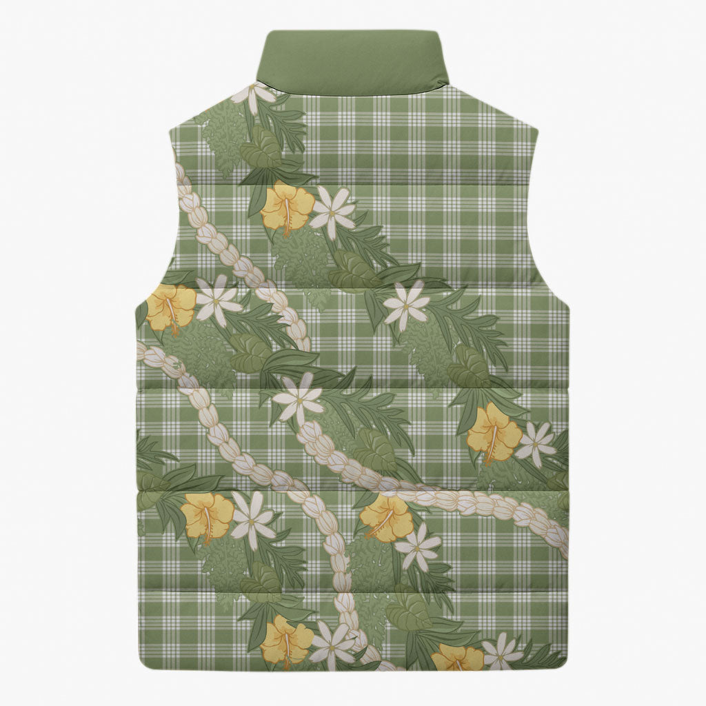 Aloha Puakenikeni Anthurium Pikake Lei Sleeveless Puffer Jacket Green Hawaiian Palaka Pattern LT9 - Polynesian Pride