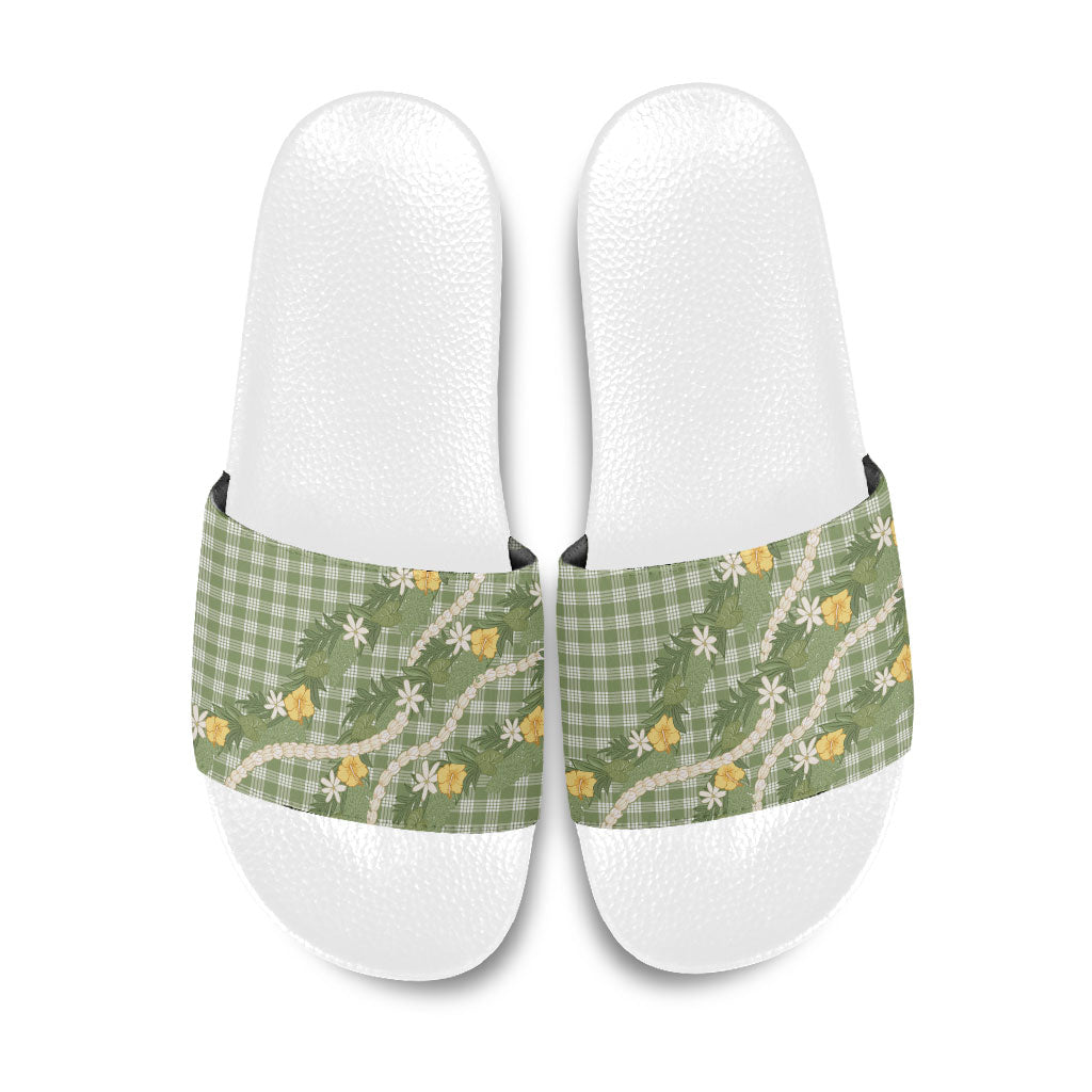 Aloha Puakenikeni Anthurium Pikake Lei Slide Sandals Green Hawaiian Palaka Pattern LT9 Green - Polynesian Pride