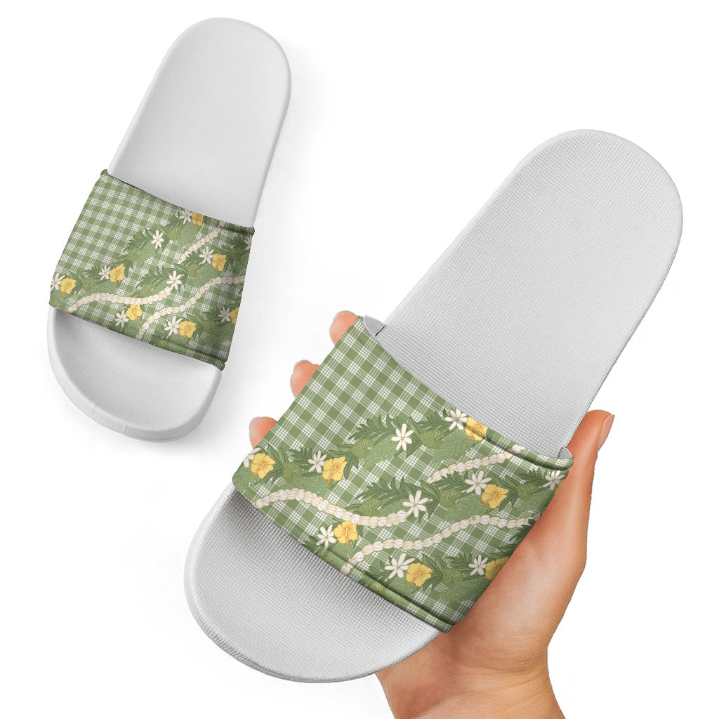 Aloha Puakenikeni Anthurium Pikake Lei Slide Sandals Green Hawaiian Palaka Pattern LT9 - Polynesian Pride
