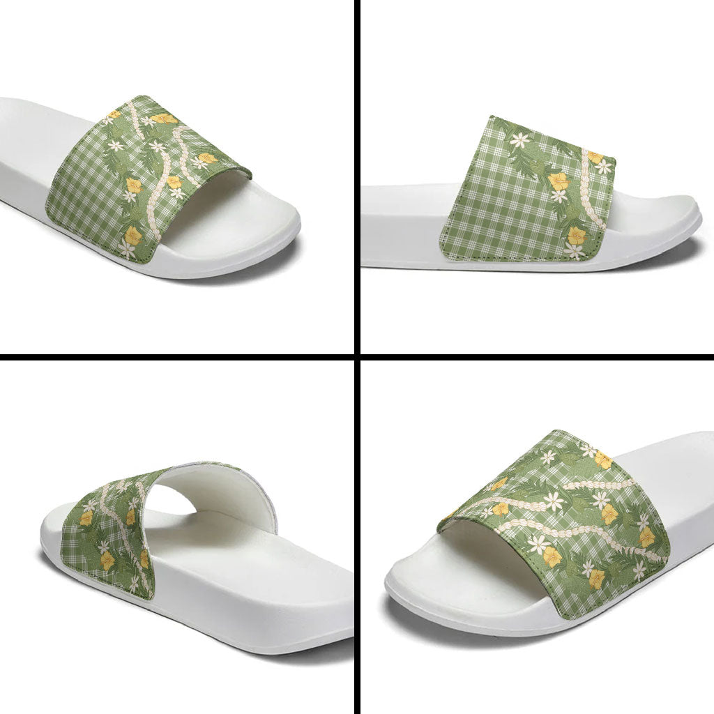 Aloha Puakenikeni Anthurium Pikake Lei Slide Sandals Green Hawaiian Palaka Pattern LT9 - Polynesian Pride