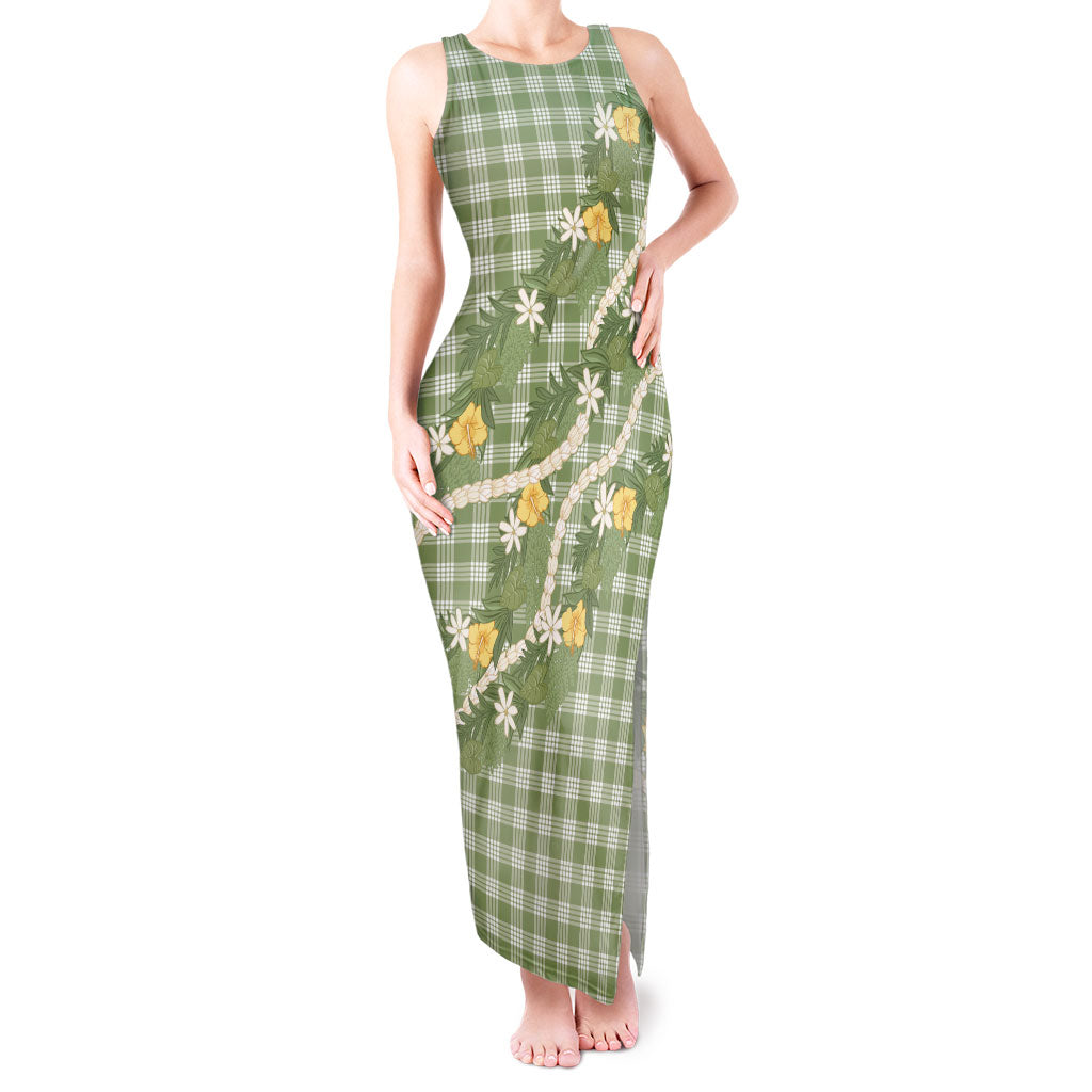 Aloha Puakenikeni Anthurium Pikake Lei Tank Maxi Dress Green Hawaiian Palaka Pattern LT9 Women Green - Polynesian Pride