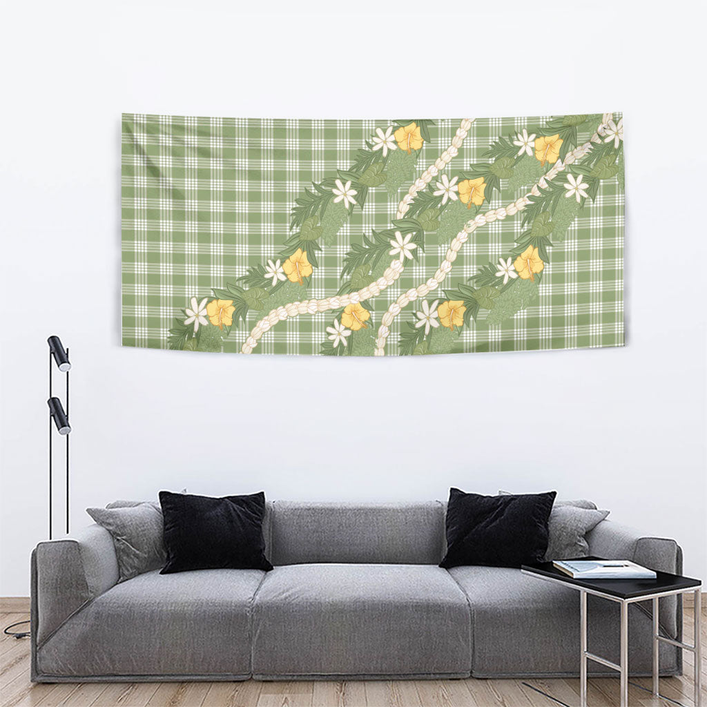 Aloha Puakenikeni Anthurium Pikake Lei Tapestry Green Hawaiian Palaka Pattern