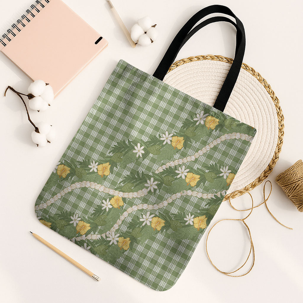Aloha Puakenikeni Anthurium Pikake Lei Tote Bag Green Hawaiian Palaka Pattern LT9 Black Strap One Size Green - Polynesian Pride