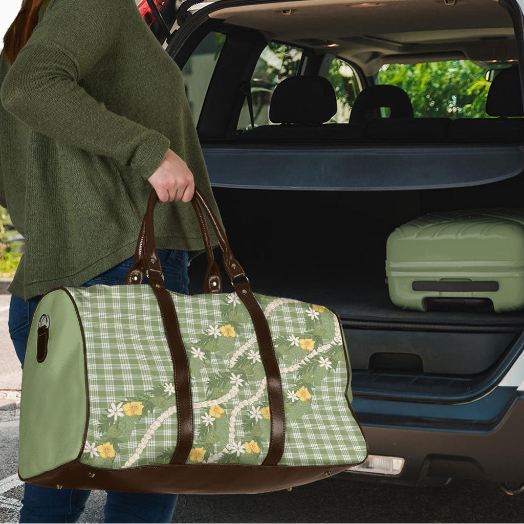 Aloha Puakenikeni Anthurium Pikake Lei Travel Bag Green Hawaiian Palaka Pattern