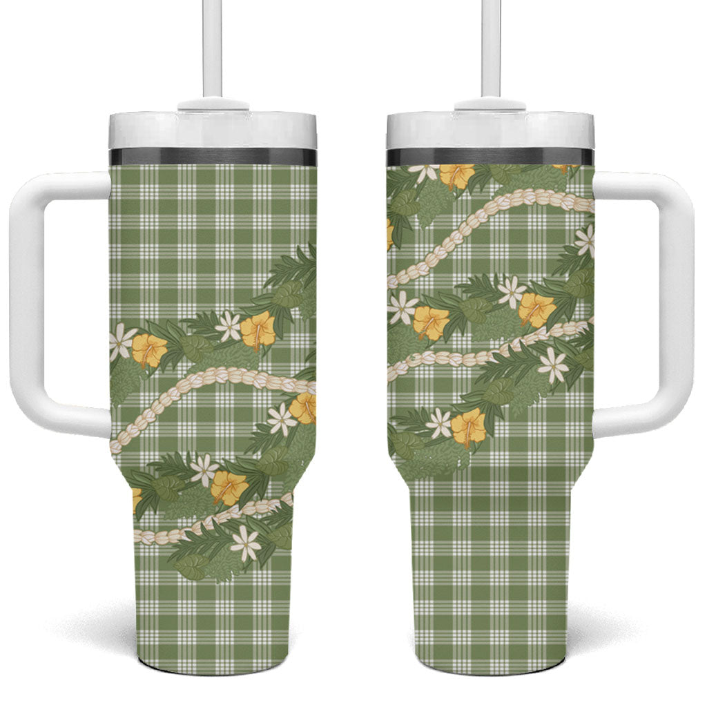 Aloha Puakenikeni Anthurium Pikake Lei Tumbler With Handle Green Hawaiian Palaka Pattern LT9 One Size: 40 oz Green - Polynesian Pride