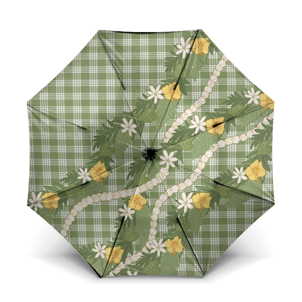 Aloha Puakenikeni Anthurium Pikake Lei Umbrella Green Hawaiian Palaka Pattern LT9 One Size Folded 11.42 inch Opened Diameter 37.4 inch Green - Polynesian Pride