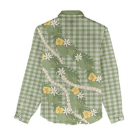 Aloha Puakenikeni Anthurium Pikake Lei Women Casual Shirt Green Hawaiian Palaka Pattern