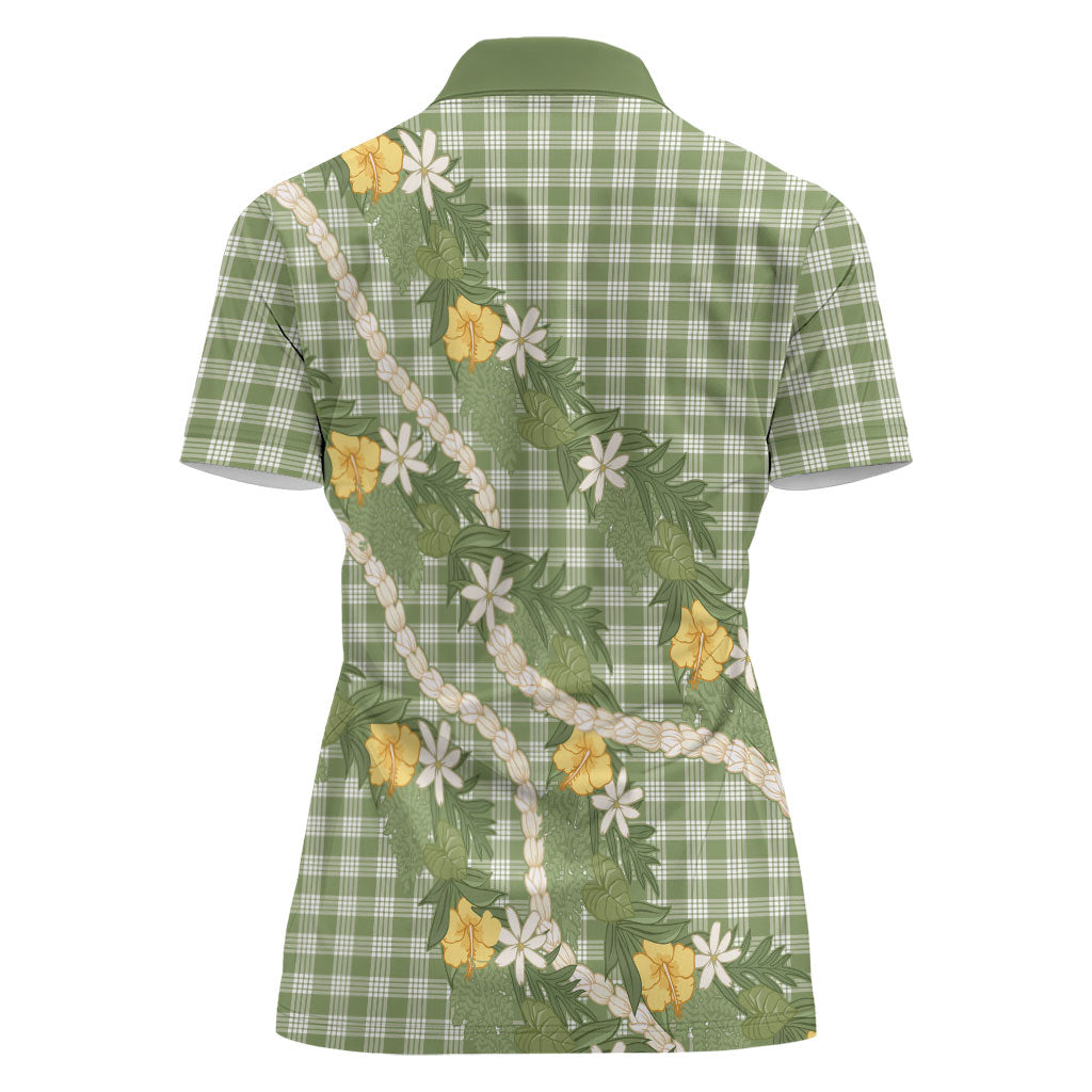 Aloha Puakenikeni Anthurium Pikake Lei Women Polo Shirt Green Hawaiian Palaka Pattern