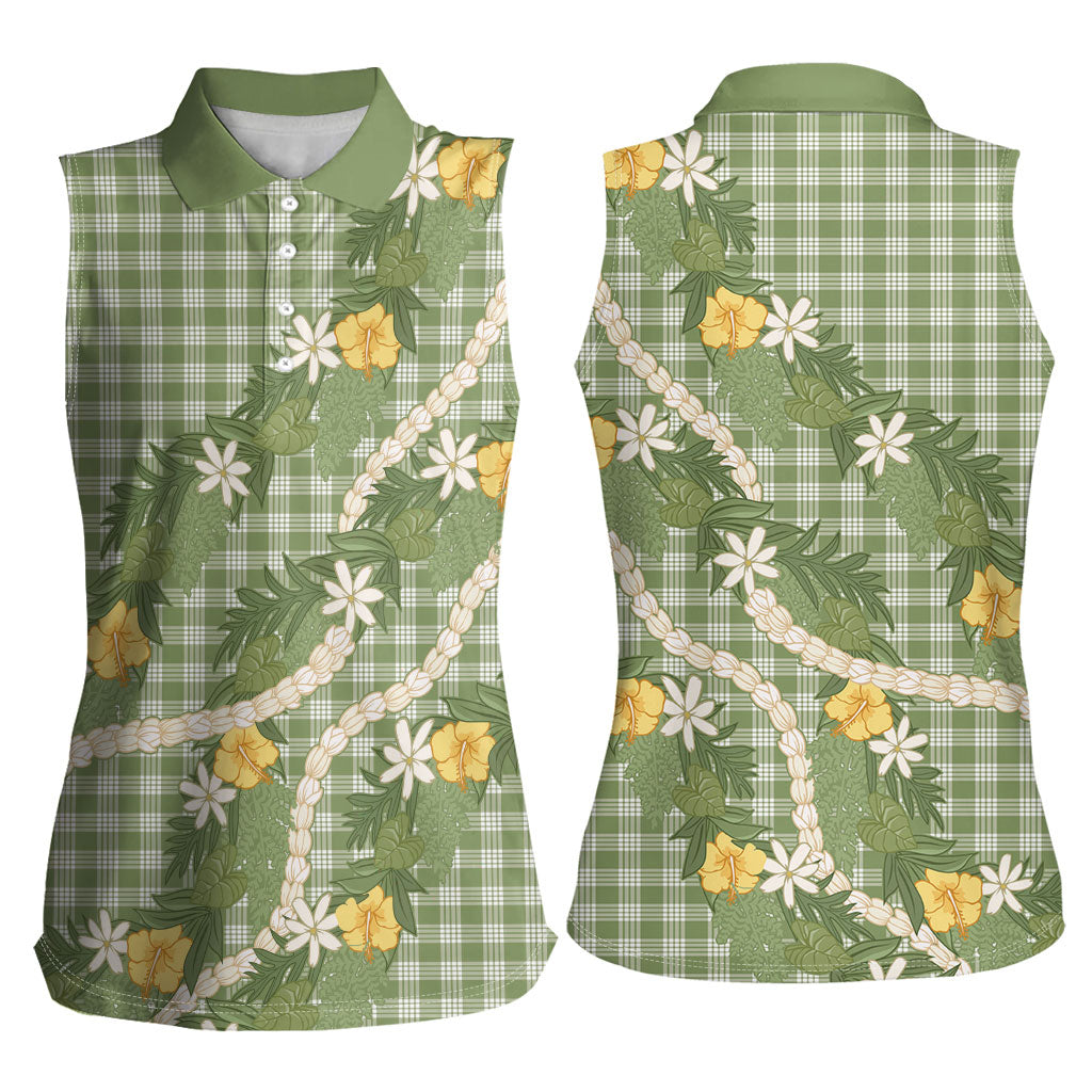 Aloha Puakenikeni Anthurium Pikake Lei Women Sleeveless Polo Shirt Green Hawaiian Palaka Pattern