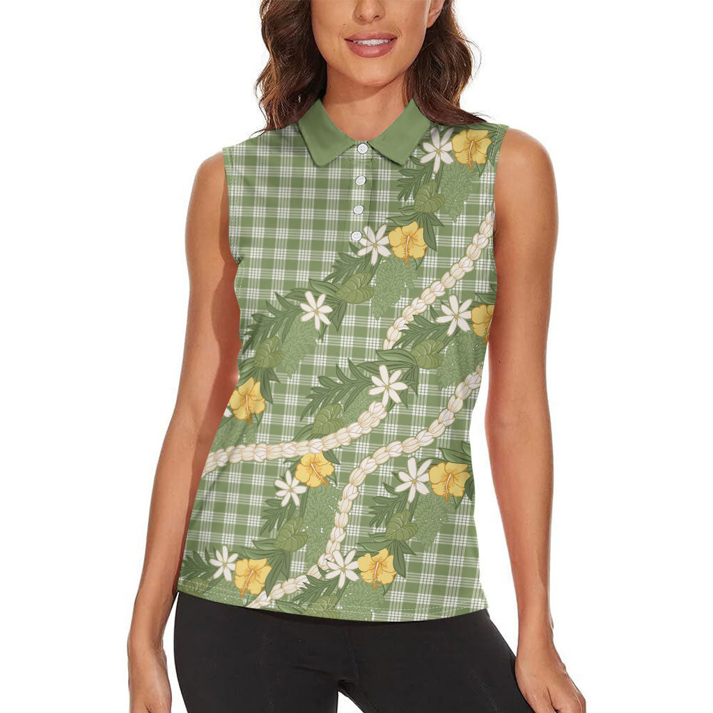 Aloha Puakenikeni Anthurium Pikake Lei Women Sleeveless Polo Shirt Green Hawaiian Palaka Pattern