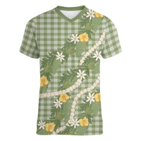 Aloha Puakenikeni Anthurium Pikake Lei Women V-Neck T-Shirt Green Hawaiian Palaka Pattern