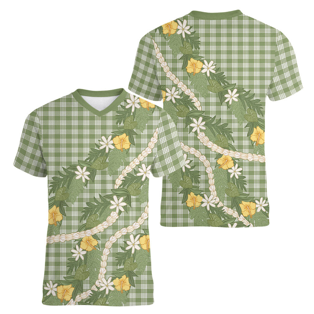 Aloha Puakenikeni Anthurium Pikake Lei Women V-Neck T-Shirt Green Hawaiian Palaka Pattern