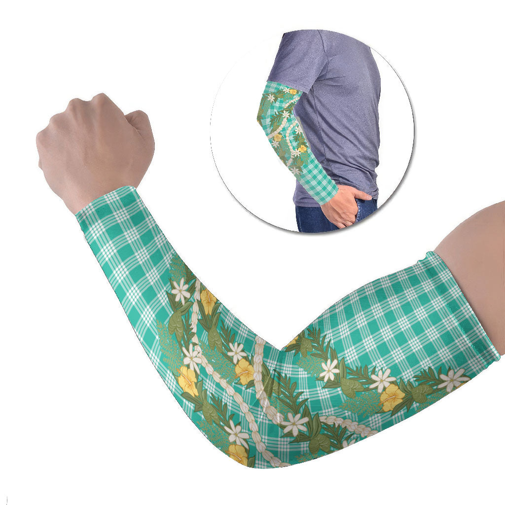 Aloha Puakenikeni Anthurium Pikake Lei Arm Sleeves Marine Hawaiian Palaka Pattern LT9 Set of 2 Marine - Polynesian Pride